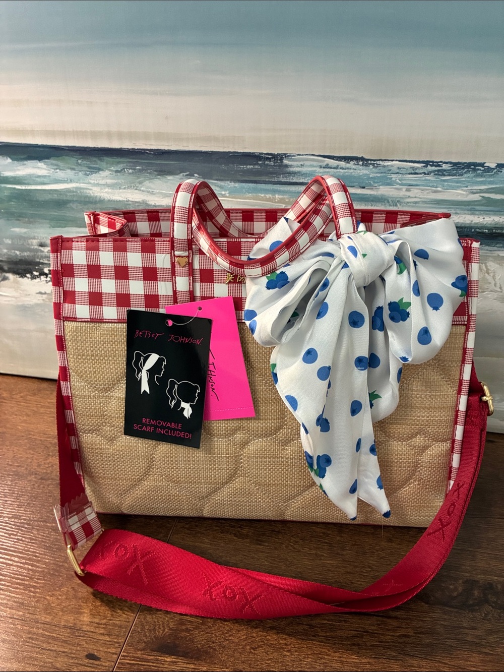 Betsey Johnson Red Gingham and Natural Straw Tote with Blue Floral Scarf